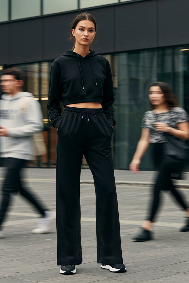Black - Black Cotton Wide Leg Thin Knitted Sports Sweatpants TWOAW22EA0053