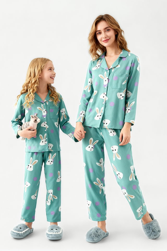 Very colorful - Women's Mini Me/Mom Daughter Lilac Rabbit Patterned Viscose Woven Pajamas Set Thmaw21Pt0048