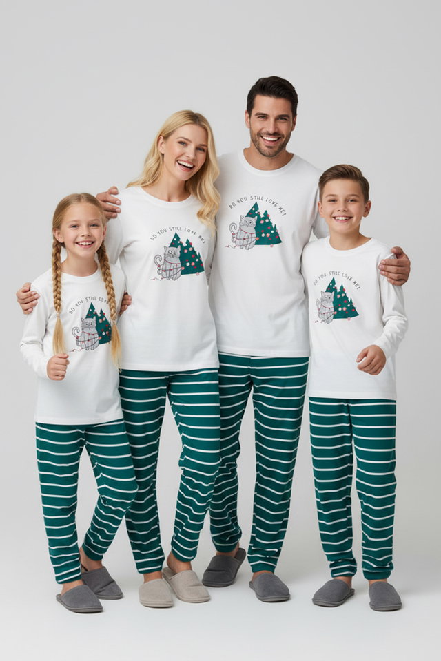 Beige - Women's Couple Navy Blue 100% Cotton Striped Christmas Themed Knitted Pajama Set THMAW25PT00164