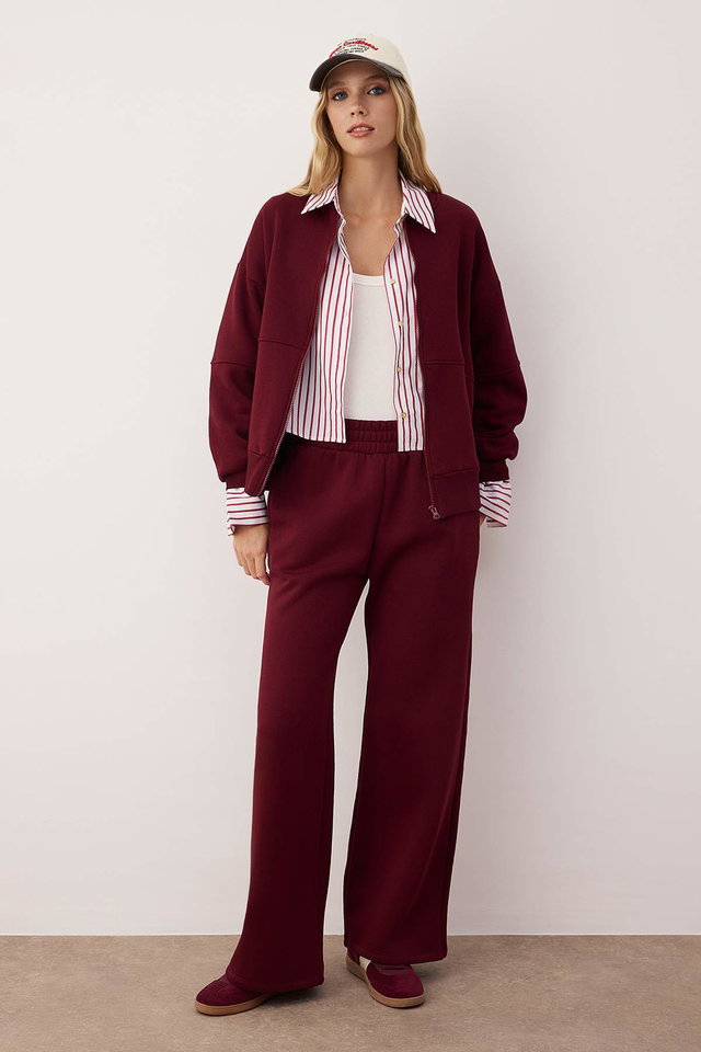 Burgundy - Stone Oversize/Wide Fit Zippered Thick Inside Fleece Knitted Tracksuit TWOAW25EM00001