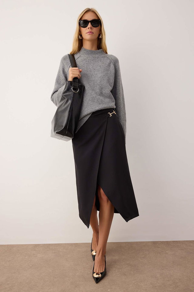 Black - Black Accessory Detailed Double-Breasted Slit Midi Woven Skirt TWOAW26ET00080