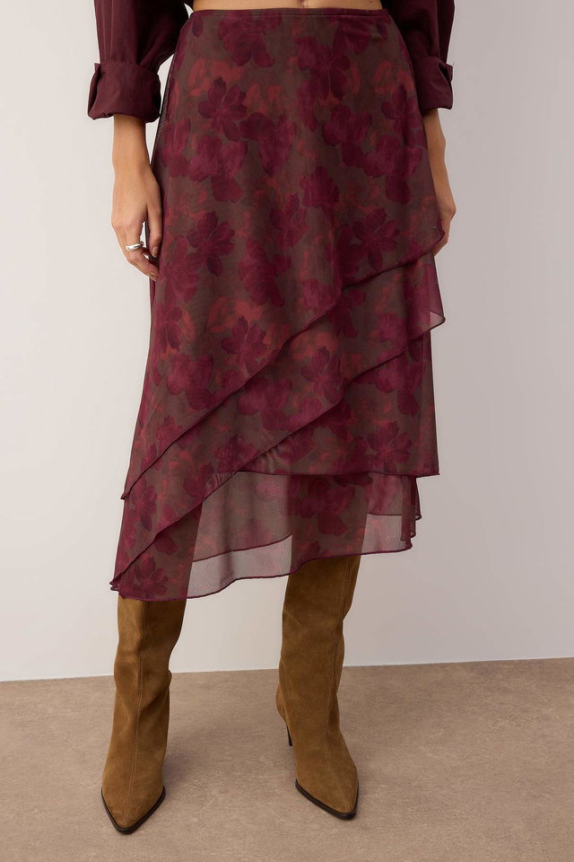 Burgundy - Burgundy Ruffled Abstract Patterned Knitted Skirt TWOAW26ET00084