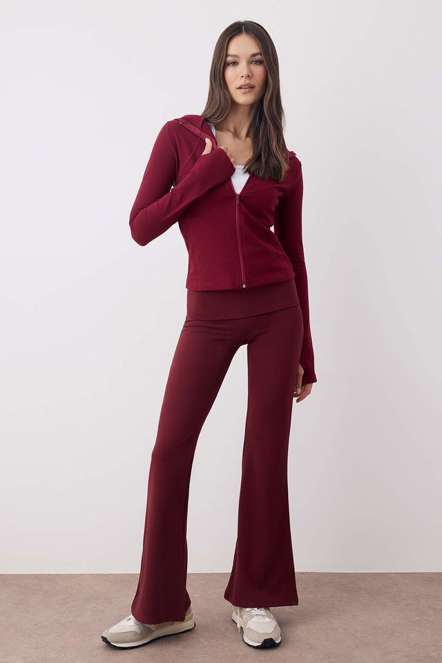 Burgundy - Burgundy Soft Brushed Fabric Hooded and Reflective Printed Knitted Sports Jacket THMAW26SK00000
