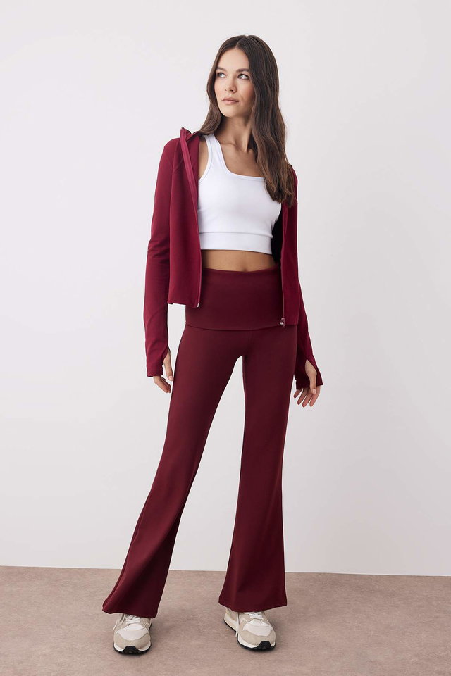 Bordeaux - Burgundy Brushed Soft Fabric Waist Fold Detail Flare/Flare Leg Yoga Knitted Sports Leggings THMAW26TY00001