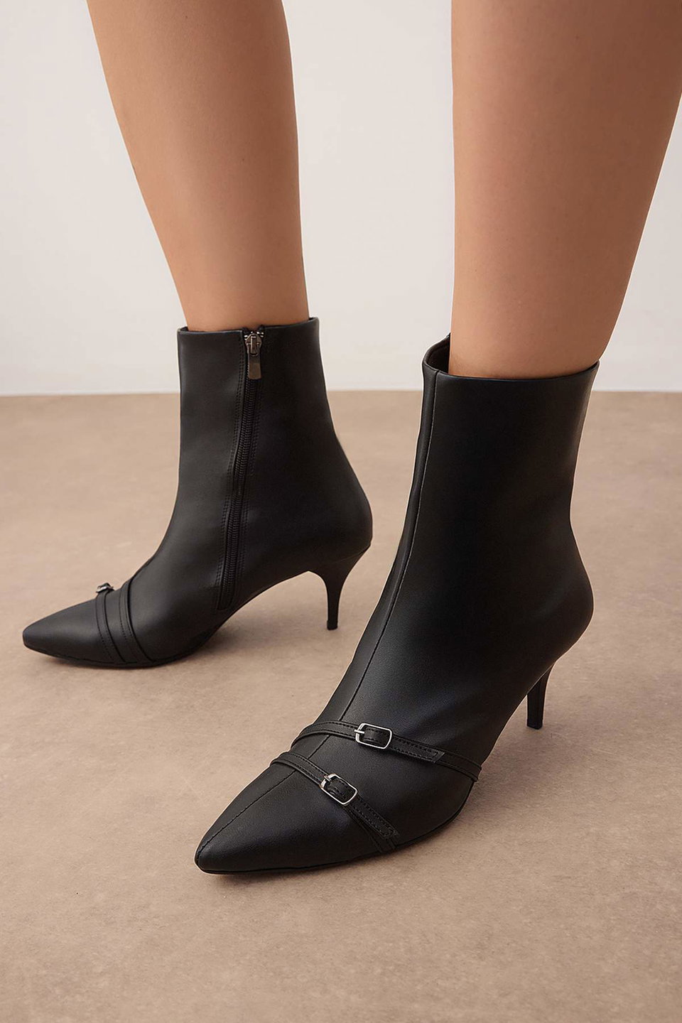 Women's Pointed Toe Thin Heel Ankle Boots with Strap Detail TAKAW26BO00064