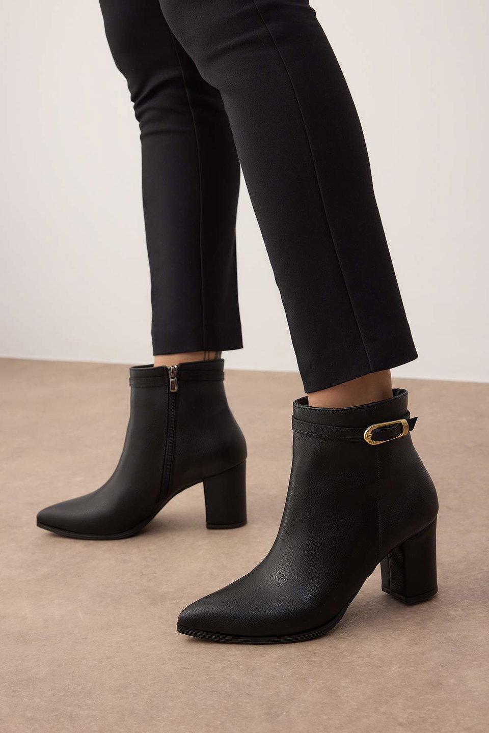 Buckle Detailed Pointed Toe Block Heel Ankle Boots for Women TAKAW26BO00059