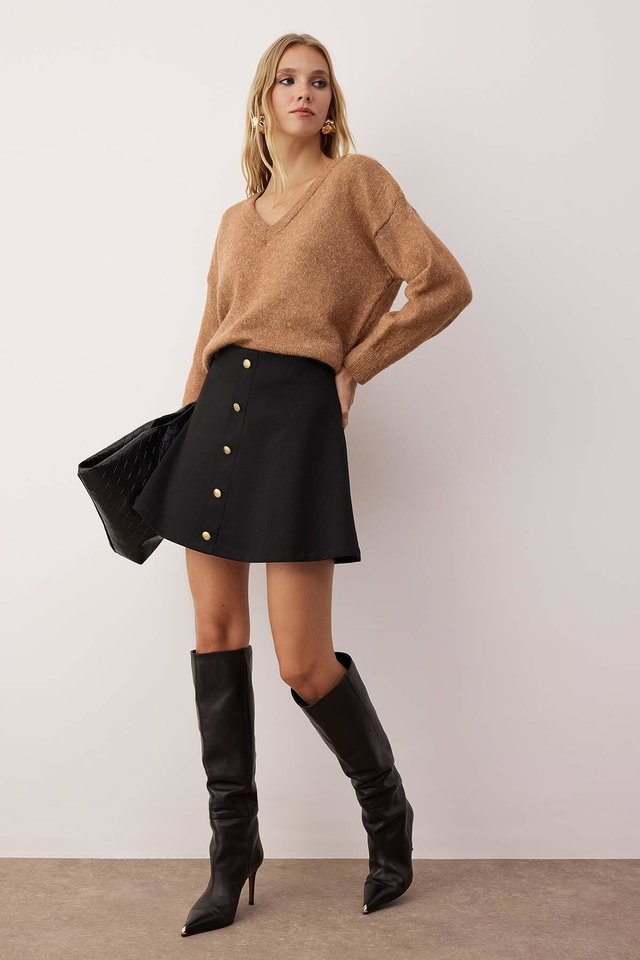 Black - Black A-line/Bell Cut Buttoned Knitted Mini Skirt TWOAW26ET00085