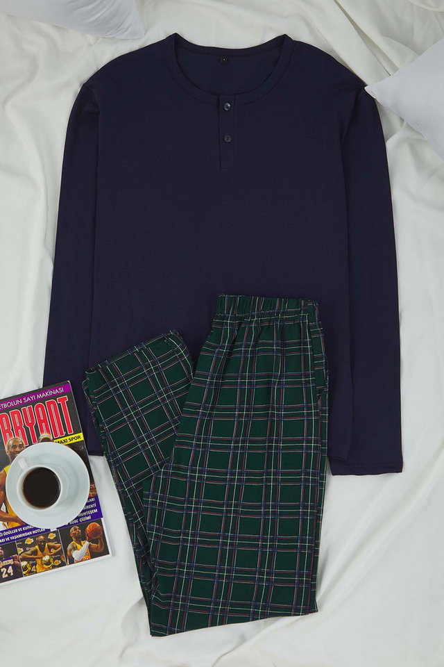 Navy blue - Blue Regular Buttoned Collar Plaid Knitted Pajama Set Tmnaw26Pt00021