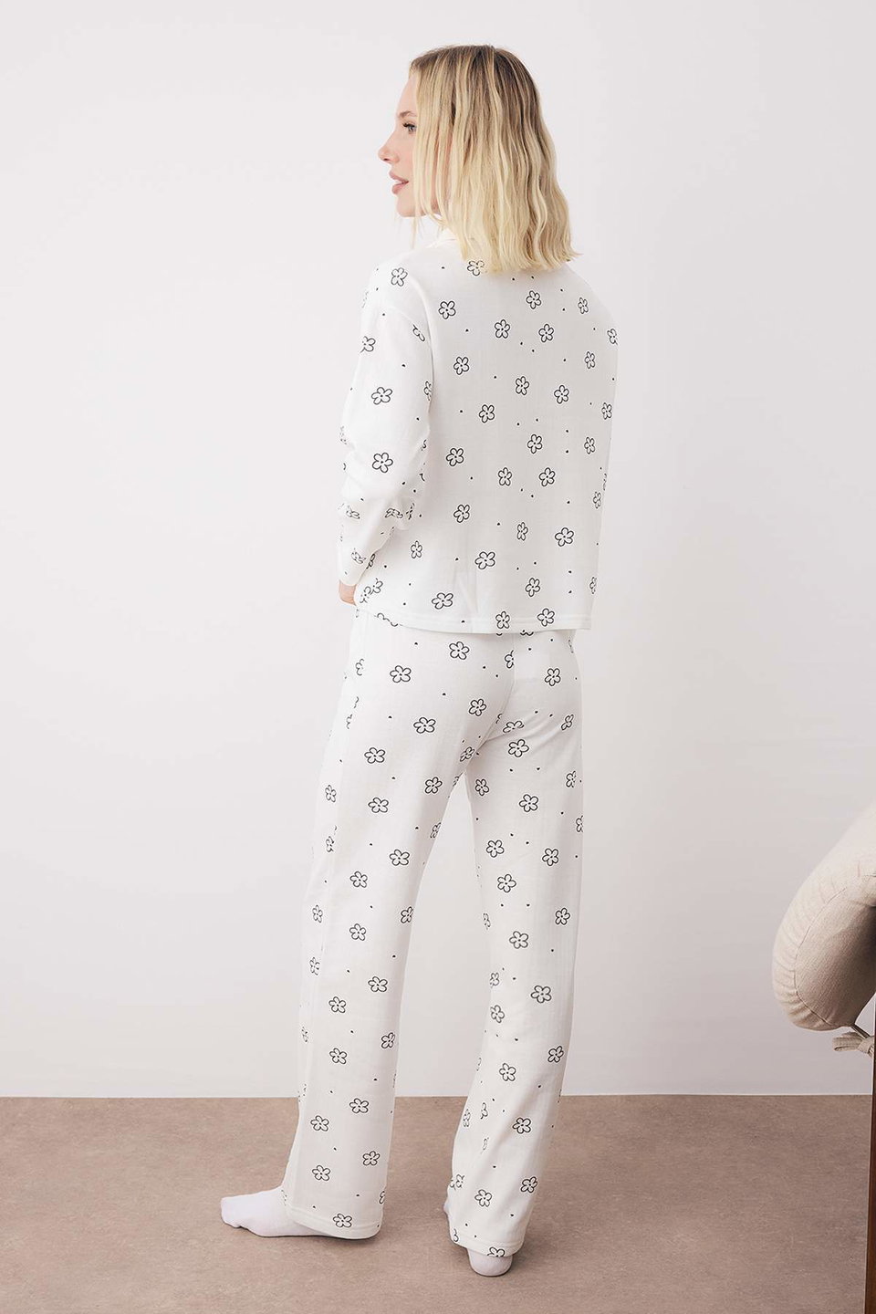 Cotton Floral Heart Pocket Detailed Knitted Pajama Set THMAW25PT00227