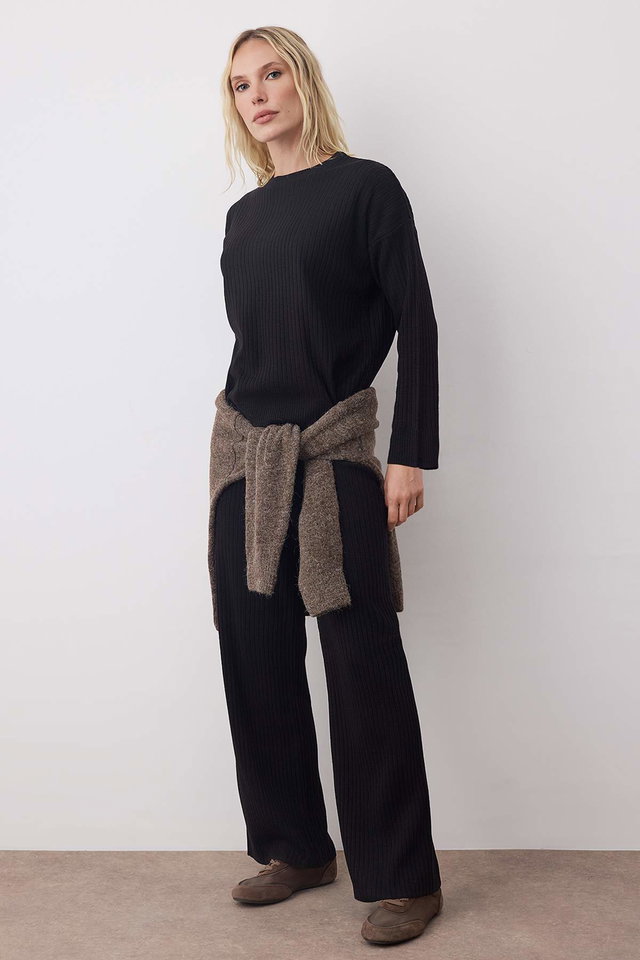 Black - Brown Wide Pattern Basic Ribbed Knitwear Bottom-Top Set TWOSS20AU0084