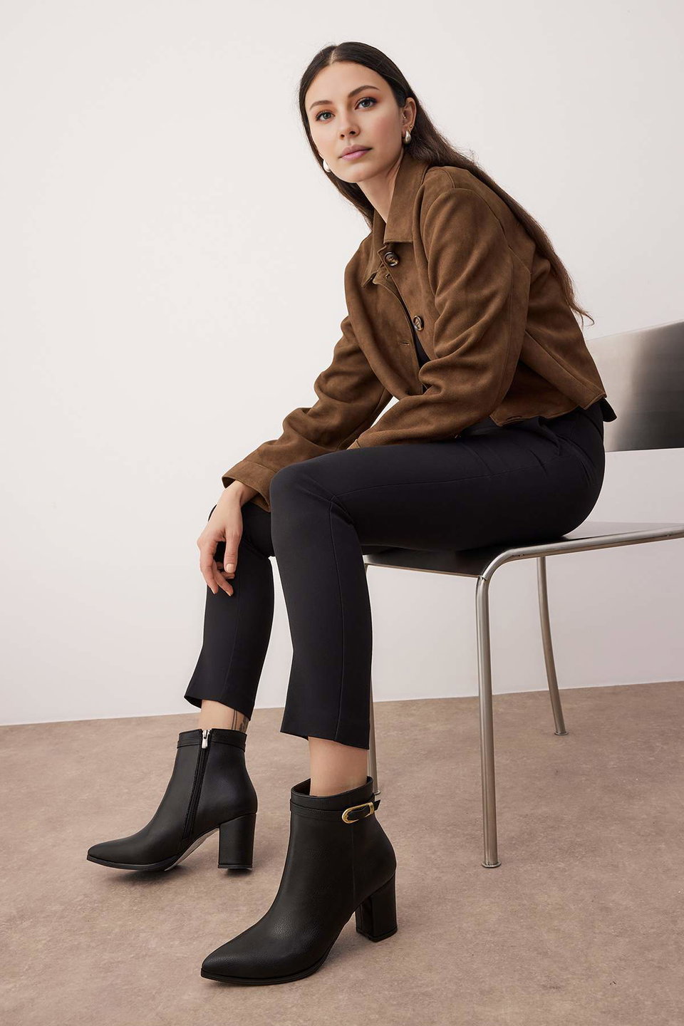 Buckle Detailed Pointed Toe Block Heel Ankle Boots for Women TAKAW26BO00059