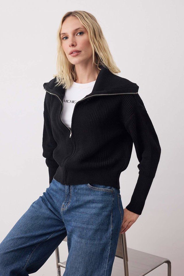 Black - Black Wide Pattern Turn-down Collar Zippered Knitwear Cardigan TWOAW24HI00072