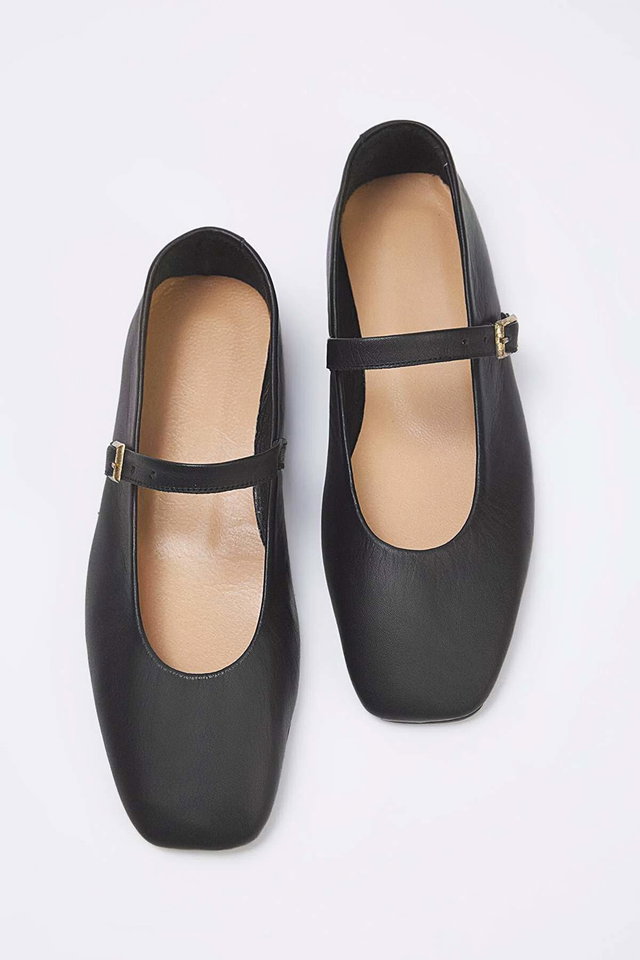 Black - Black Genuine Leather Square Toe Women's Ballerinas TAKAW26BE00009