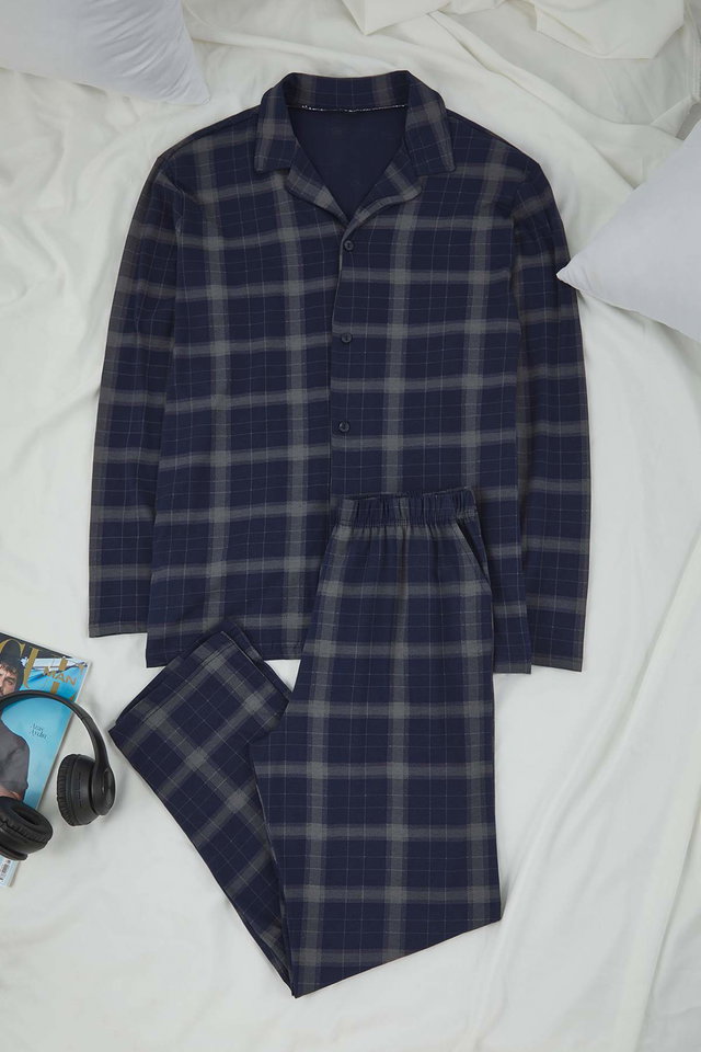 Navy blue - Navy Blue Regular Cut Plaid/Checked Shirt-Pants Knitted Pajama Set TMNAW26PT00014