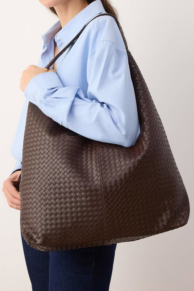Brown - Black Knitted Patterned Large Maxi Tote Women's Shoulder Bag Takaw26Oc00045