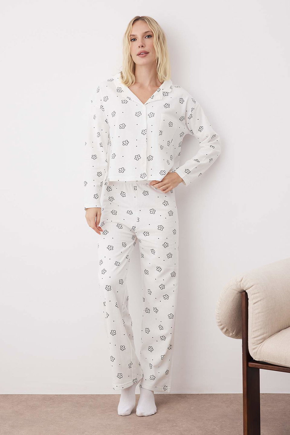 Cotton Floral Heart Pocket Detailed Knitted Pajama Set THMAW25PT00227