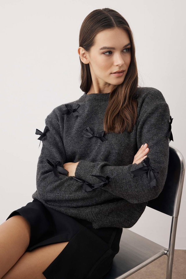 Dark Anthracite - Dark Anthracite Soft Texture Ribbon/Bow Detailed Knitwear Sweater TWOAW25KZ00155
