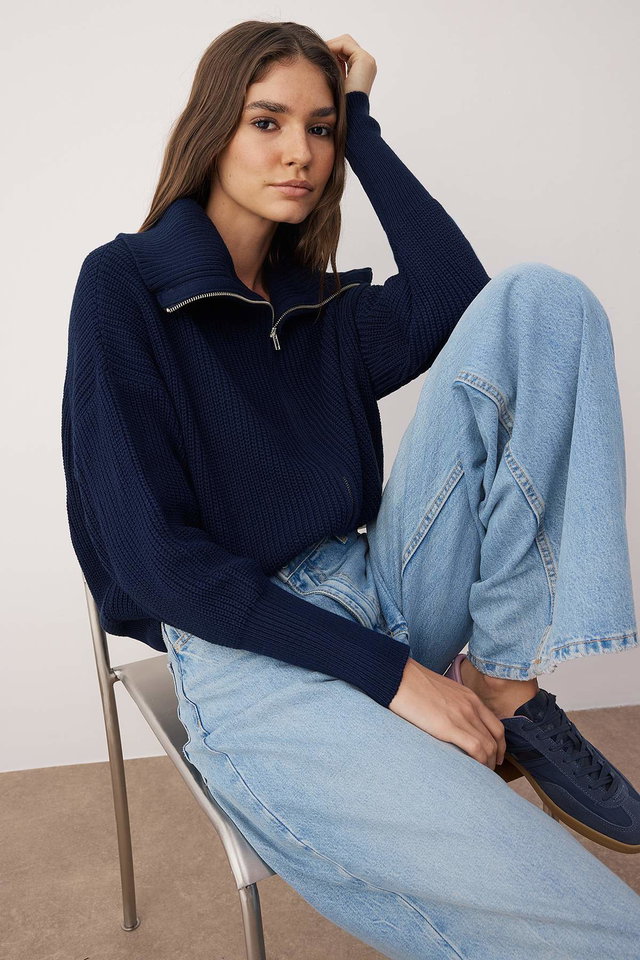 Navy blue - Black Wide Pattern Turn-down Collar Zippered Knitwear Cardigan TWOAW24HI00072