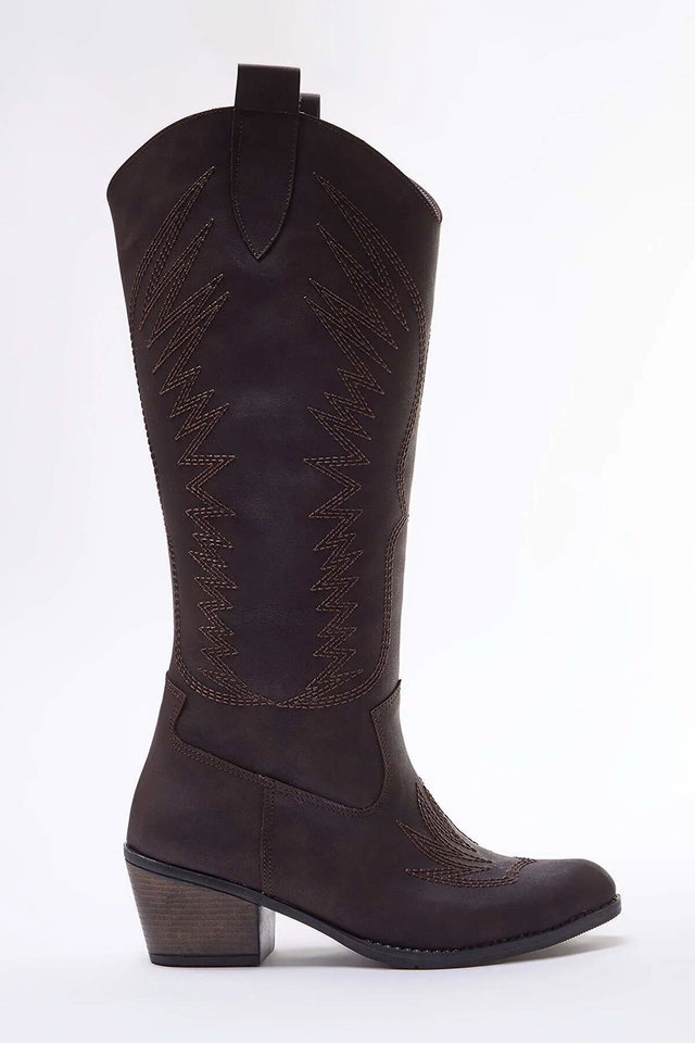 Dark brown - Suede with Mink Embroidered Block Heels Women's Cowboy Boots TAKAW25CZ00016