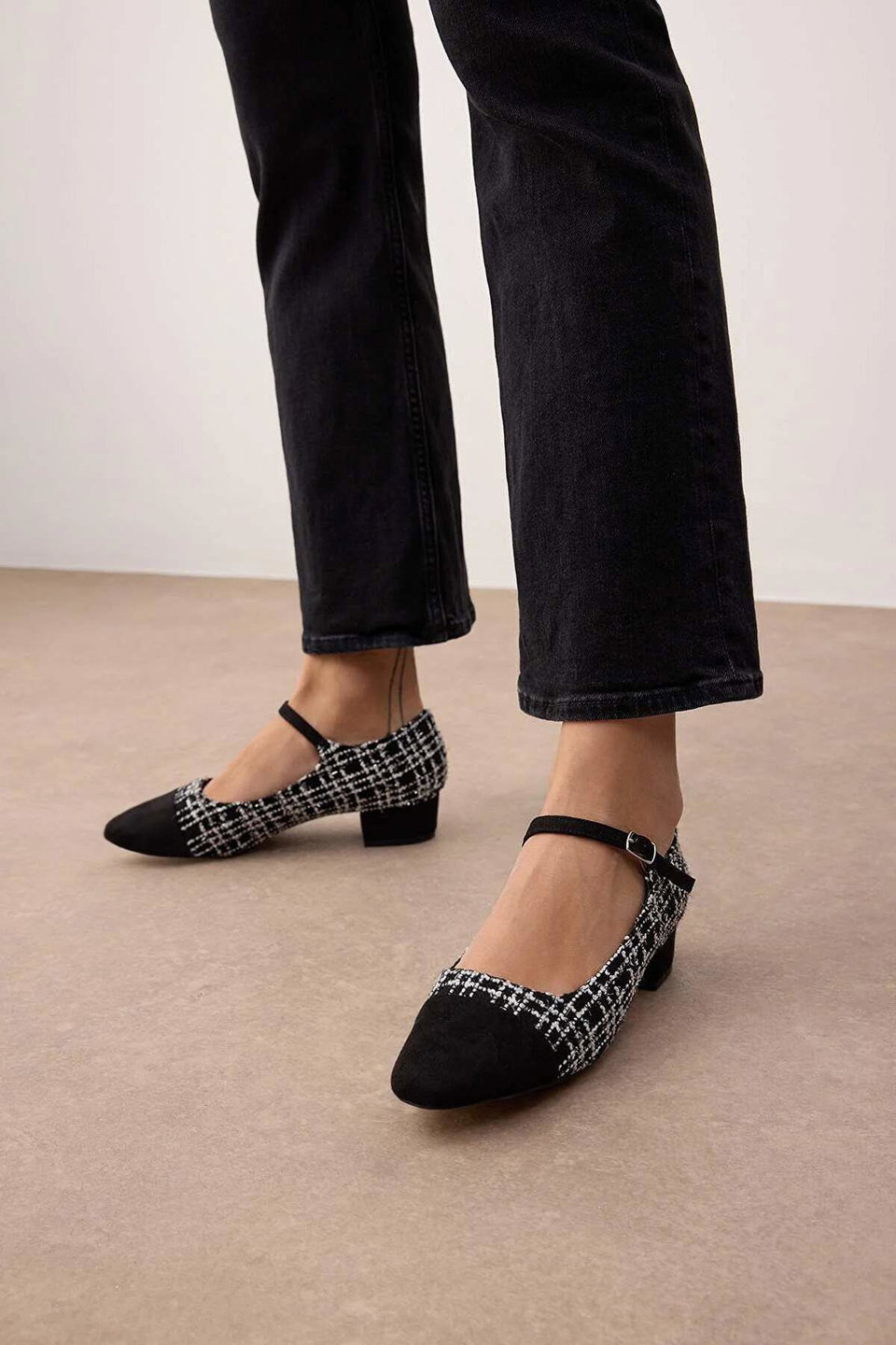 Tweed Round Toe Mary Jane Women's Block Heel Shoes TAKAW26TO00004