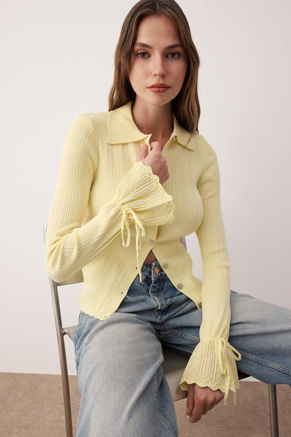 Mercerized Look Ribbed Polo Neck Knitwear Cardigan Twoaw26Hi00111