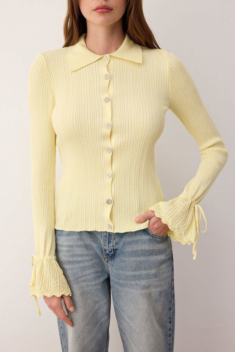Mercerized Look Ribbed Polo Neck Knitwear Cardigan Twoaw26Hi00111