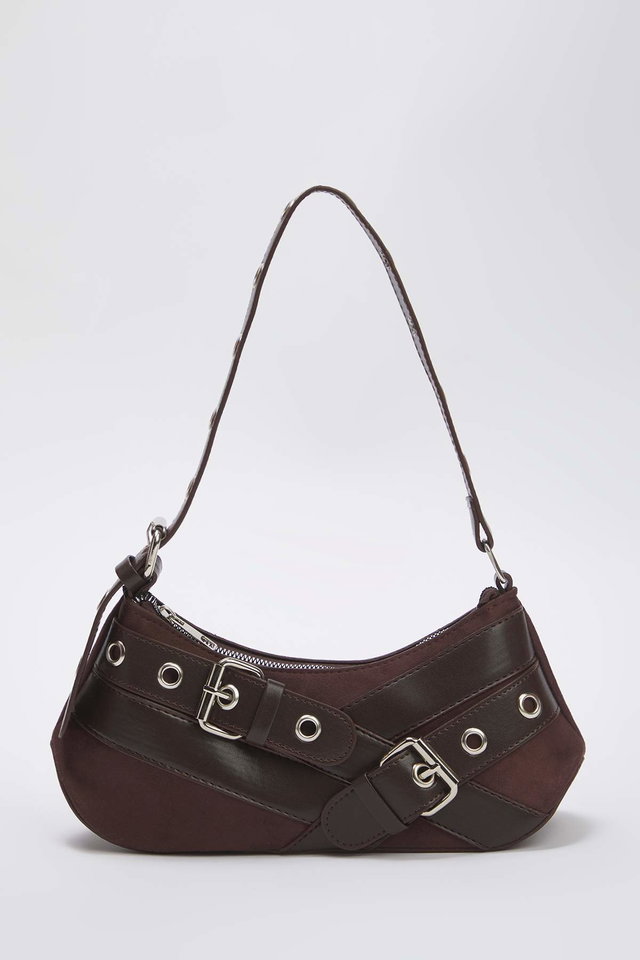 Brown - Tan Eyelet Belt Buckle Detailed Women's Baguette Medium Shoulder Bag TAKSS25OC00069