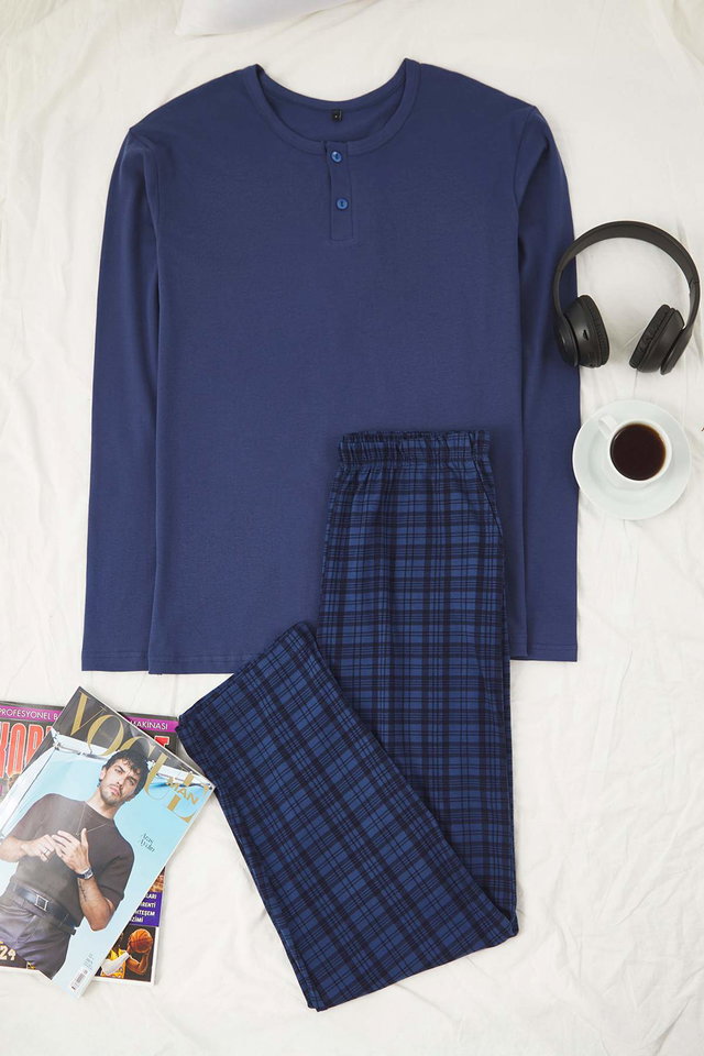 Blue - Blue Regular Buttoned Collar Plaid Knitted Pajama Set Tmnaw26Pt00021
