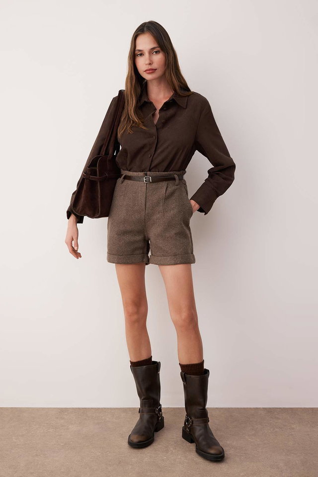 Brown - Anthracite Cashmere Belted Shorts & Bermuda TWOAW26SR00037