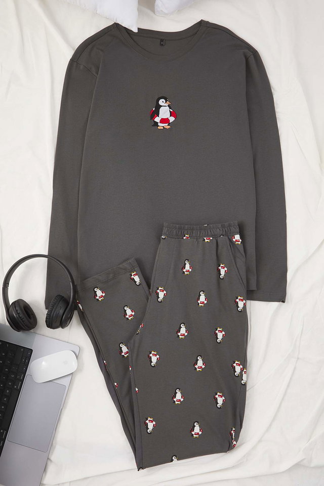 Anthracite - Black 100% Cotton Regular Fit Animal Patterned Knit 100% Cotton Pajama Set TMNAW23PT00157