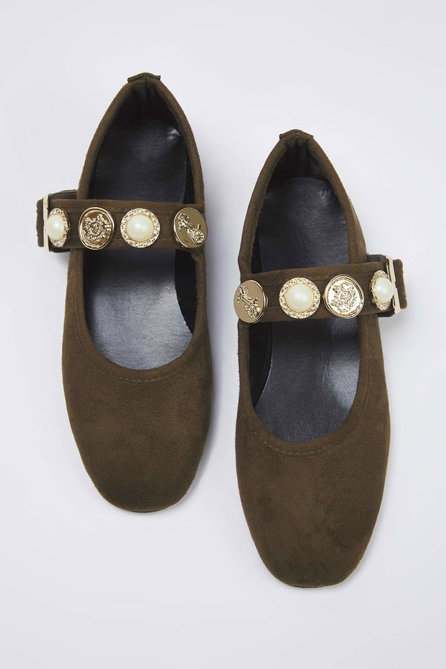 Khaki - Brown Buckled Accessory Detail Round Toe Tweed Mary Jane Women's Ballerina TAXSS25BE00011