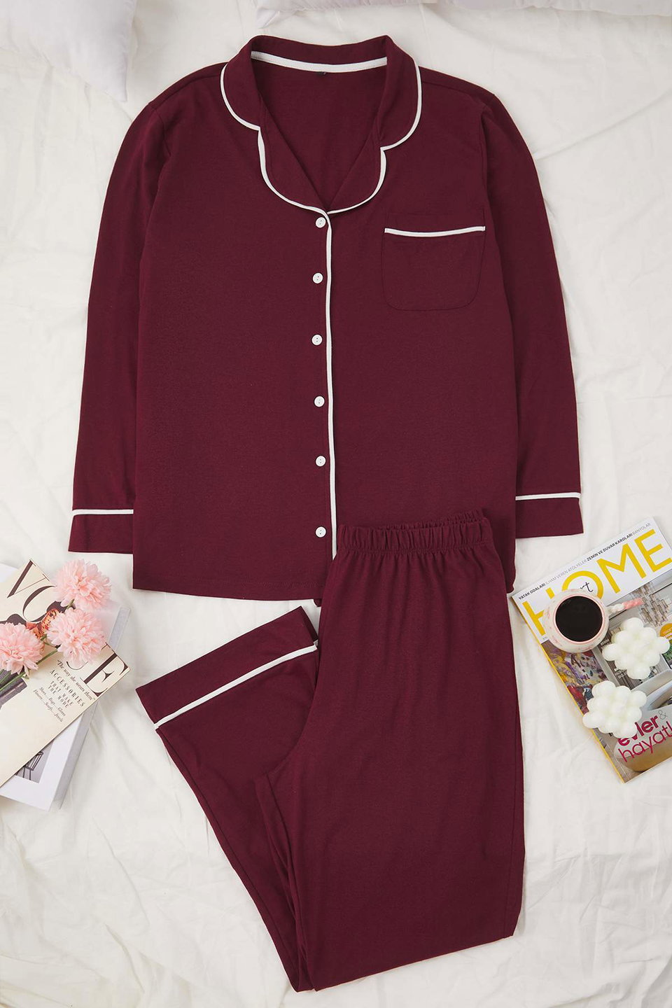 Piping Detailed Shirt Collar Knitted Pajama Set