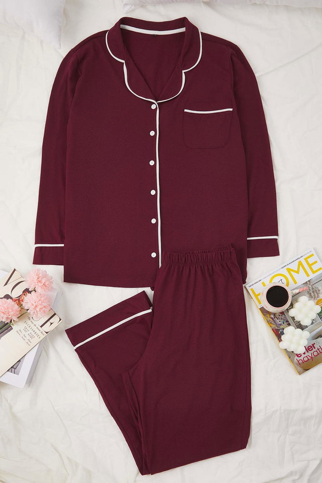 Burgundy - Black Piping Detailed Shirt Collar Knitted Pajama Set