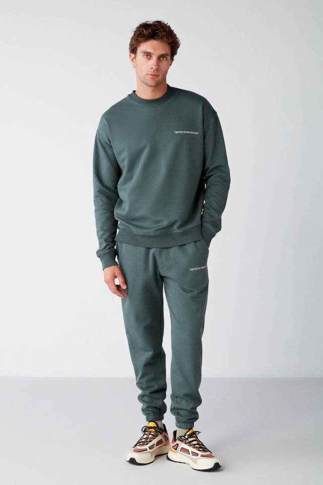 Dark green - Marshall Men's Cotton Fleece Embroidered Relaxed Grey Melanj Tracksuit Set