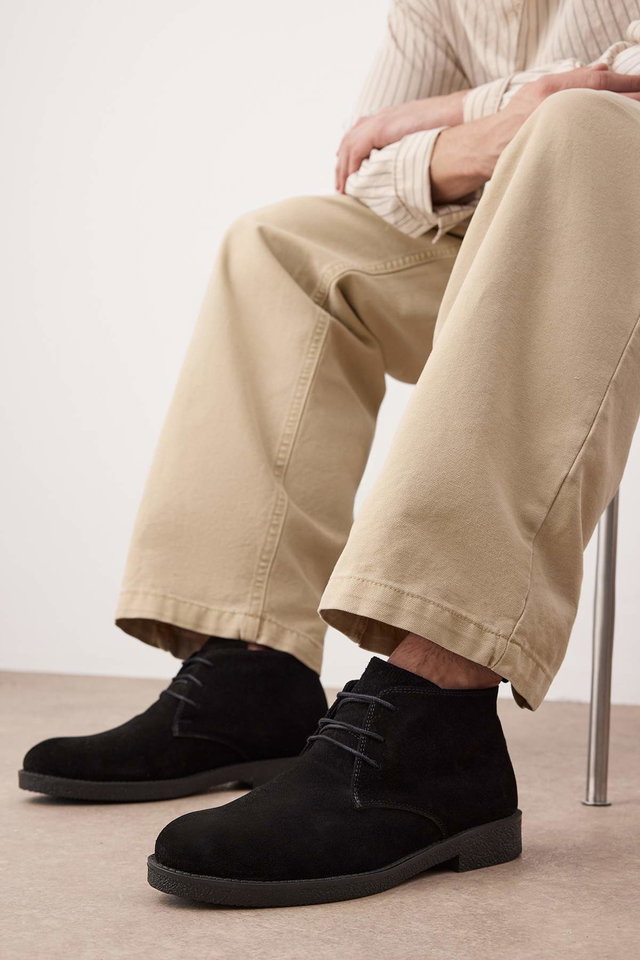 Schwarz - Beige Genuine Leather Split Suede Lace-Up Detail Chelsea Boots TAKAW26BO00017