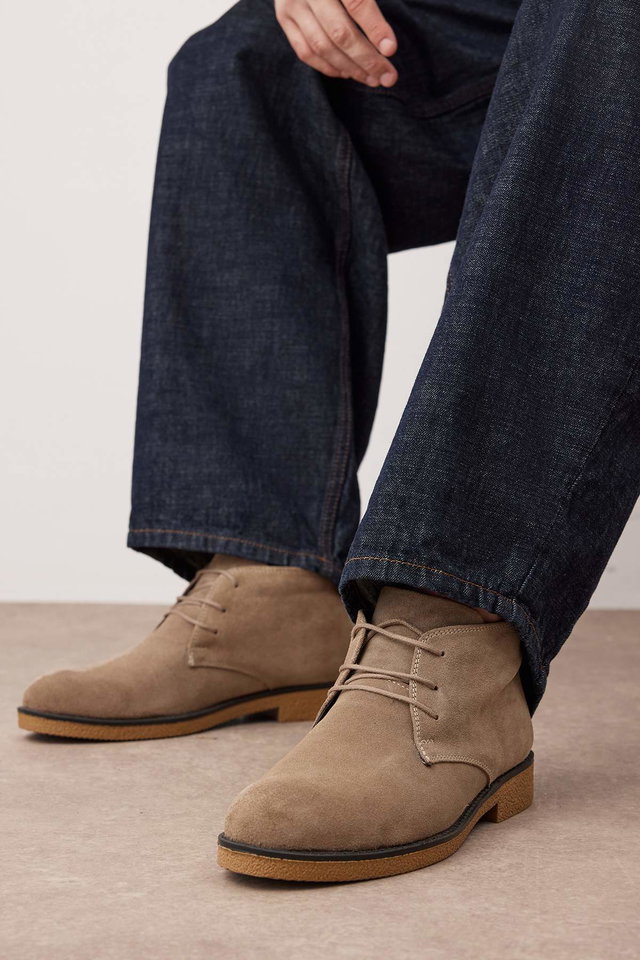 Beige - Beige Genuine Leather Split Suede Lace-Up Detail Chelsea Boots TAKAW26BO00017