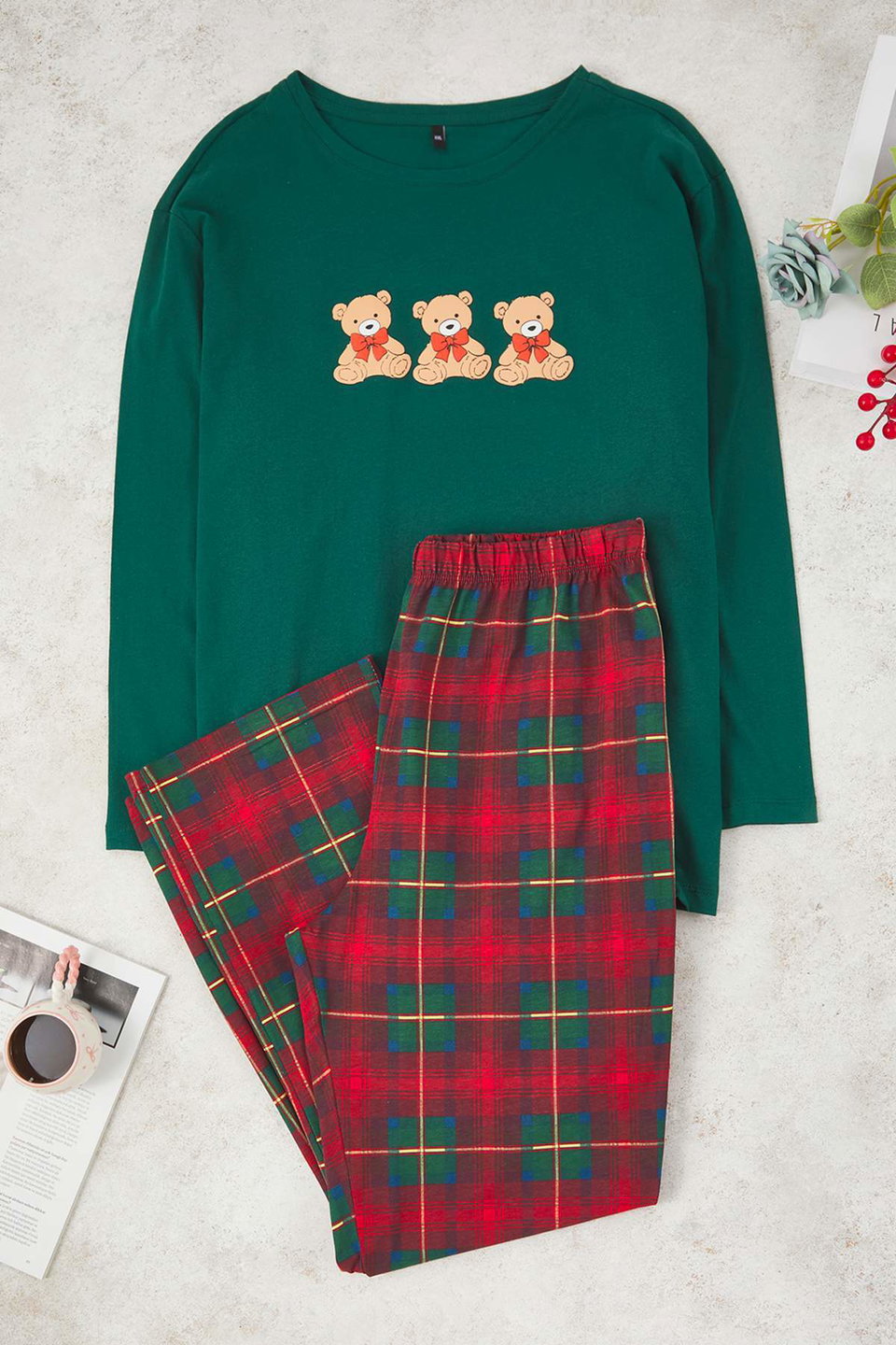 100% Cotton Teddy Bear Plaid Knitted Pajama Set TBBAW26AI00034