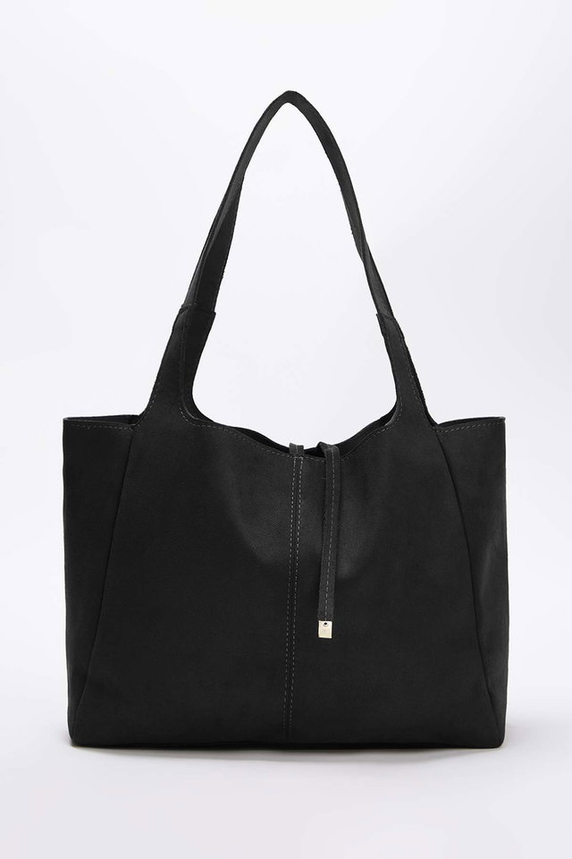 Black - Black Suede Tie Detailed Midi Women's Tote Shoulder Bag TAKAW26OC00025
