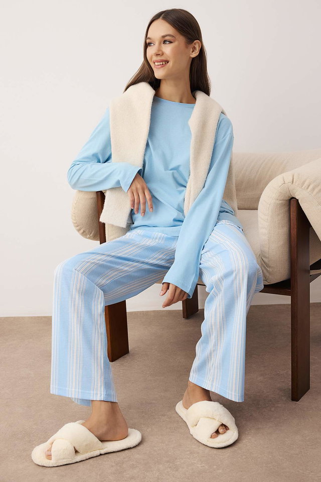 Blue - Blue Cotton Striped Knitted Pajama Set THMAW25PT00188