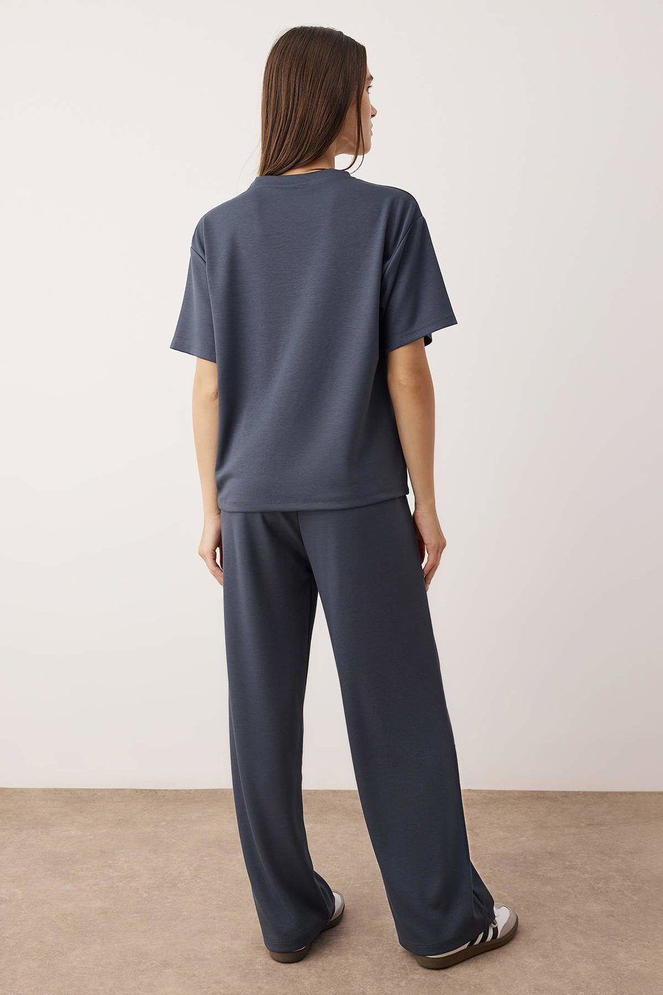 Short Sleeve Crew Neck Relaxed/Comfortable Pattern Flexible Knitted Bottom - Top Set TWOAW26AU00084