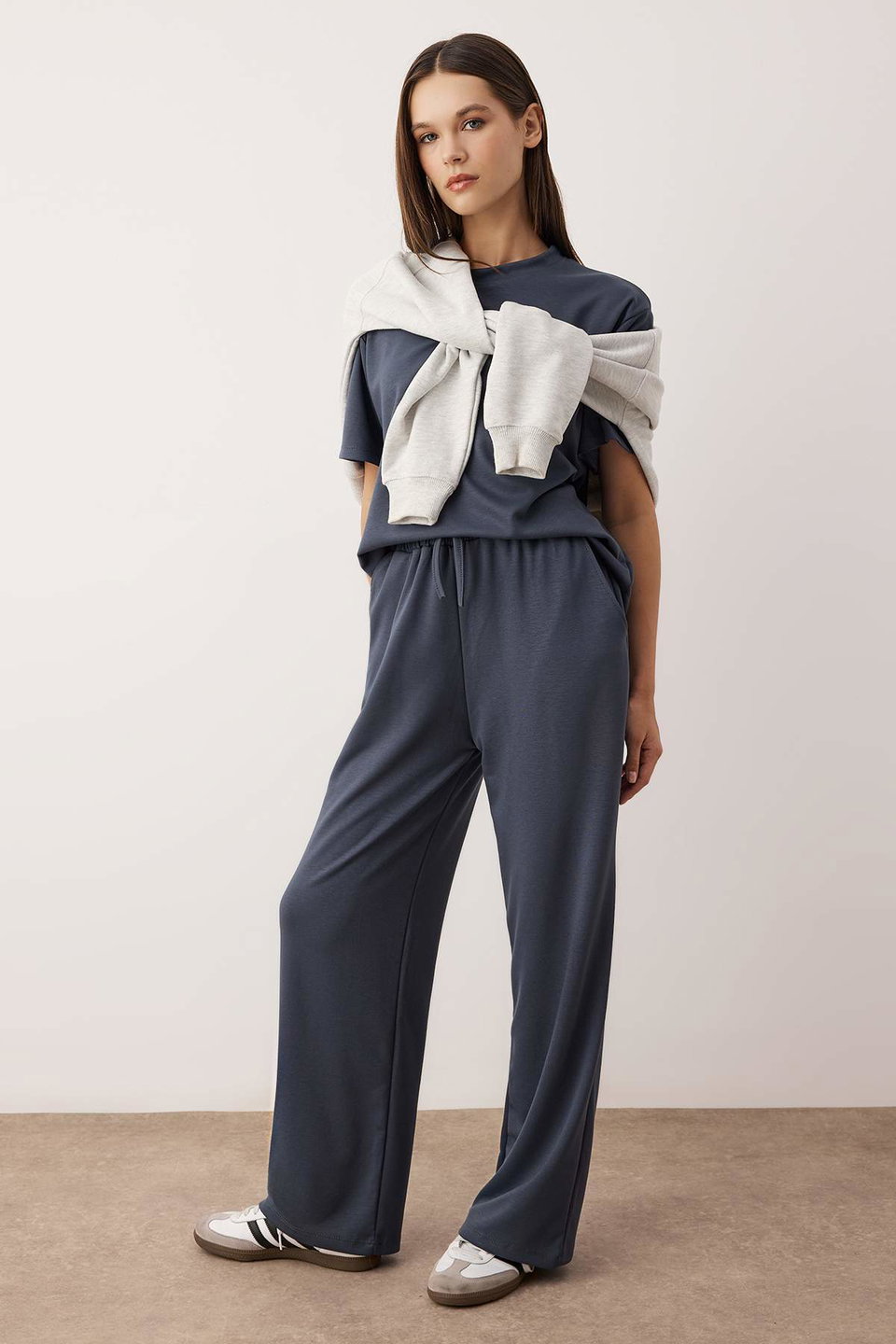 Short Sleeve Crew Neck Relaxed/Comfortable Pattern Flexible Knitted Bottom - Top Set TWOAW26AU00084