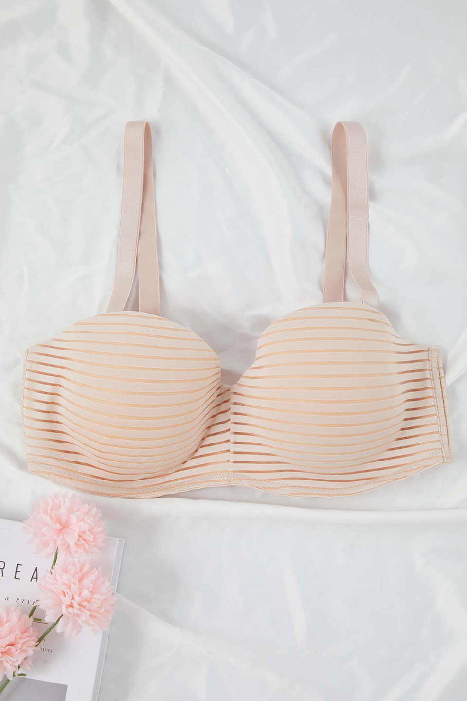 Skin Striped Covered Strapless Unpadded Removable Strap Plus Size Bra Tbbaw26Cw00004