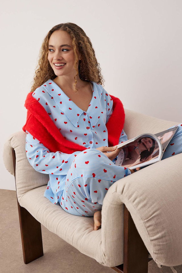 Blue-Multicolor - Blue-Multicolored Striped Shally Woven Pajama Set THMAW26PT00106