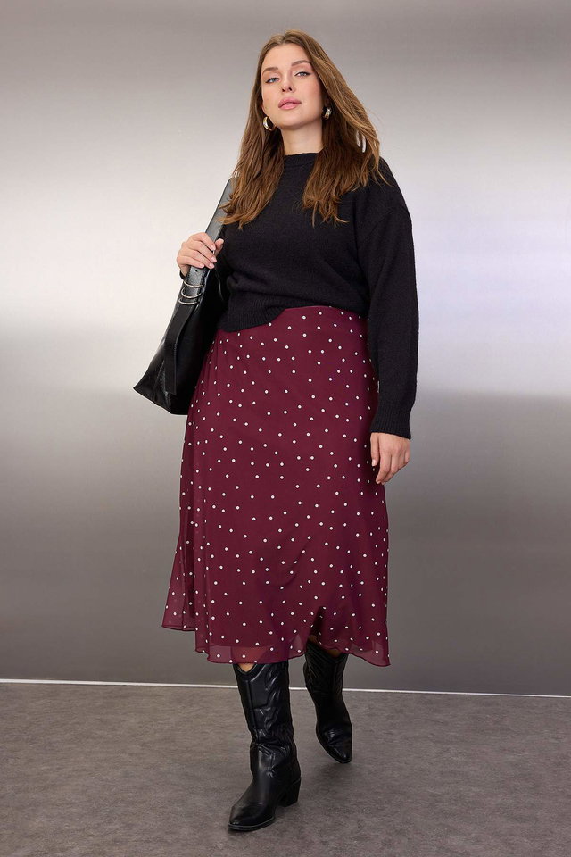 Burgundy - Beige A-Line Leopard Patterned Tulle Knit Plus Size Skirt TBBAW25AZ00006
