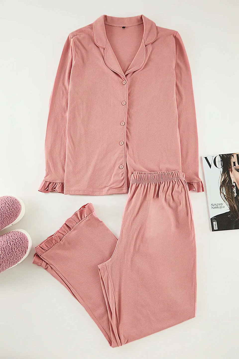 Shirt Collar Flounce Detailed Knitted Pajama Set TBBAW25AI00056