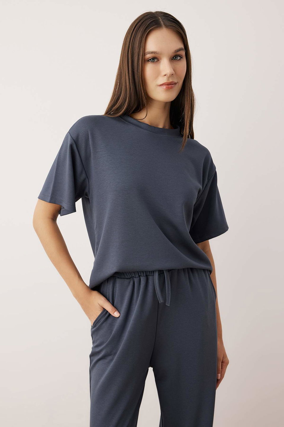 Short Sleeve Crew Neck Relaxed/Comfortable Pattern Flexible Knitted Bottom - Top Set TWOAW26AU00084