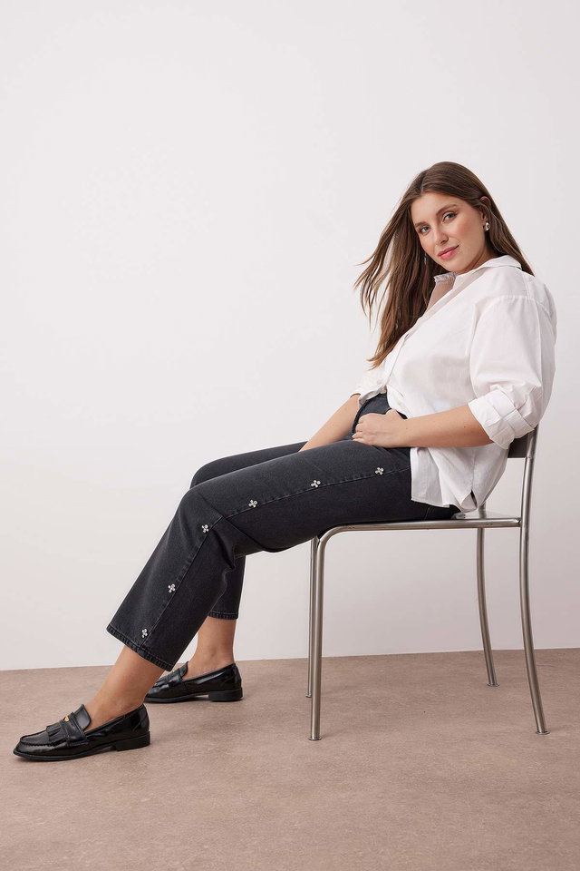 Black - Black Stoned High Waist Plus Size Mom Jeans TBBAW26CJ00044