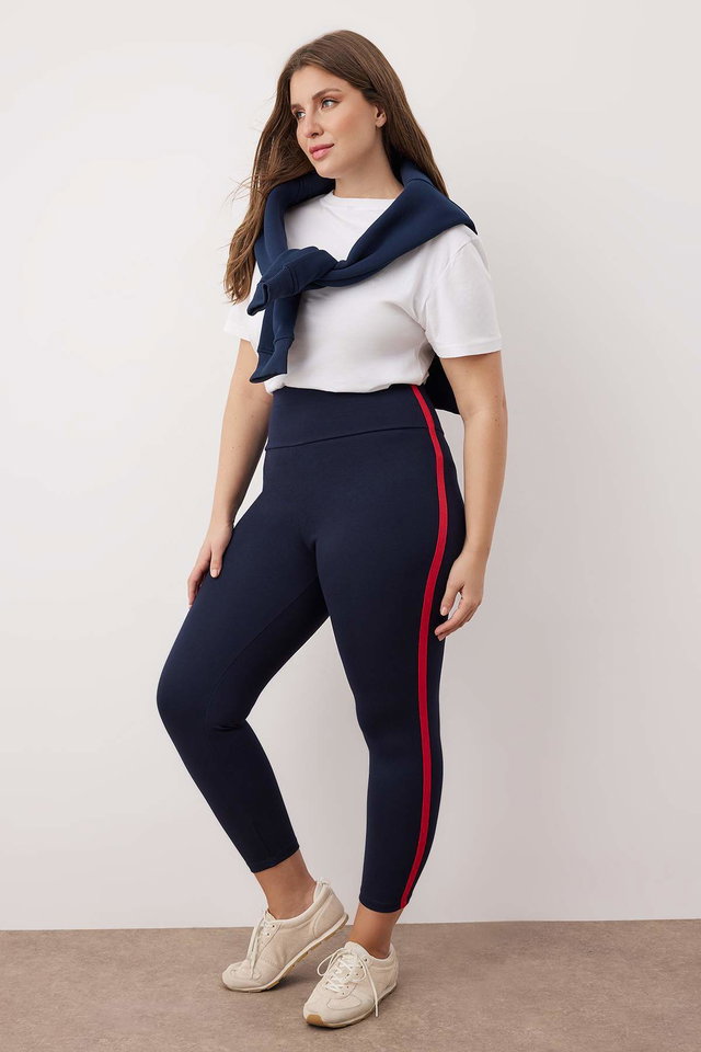 Navy blue - Navy Blue Side Striped Plus Size Knitted Leggings TBBAW26BV00001