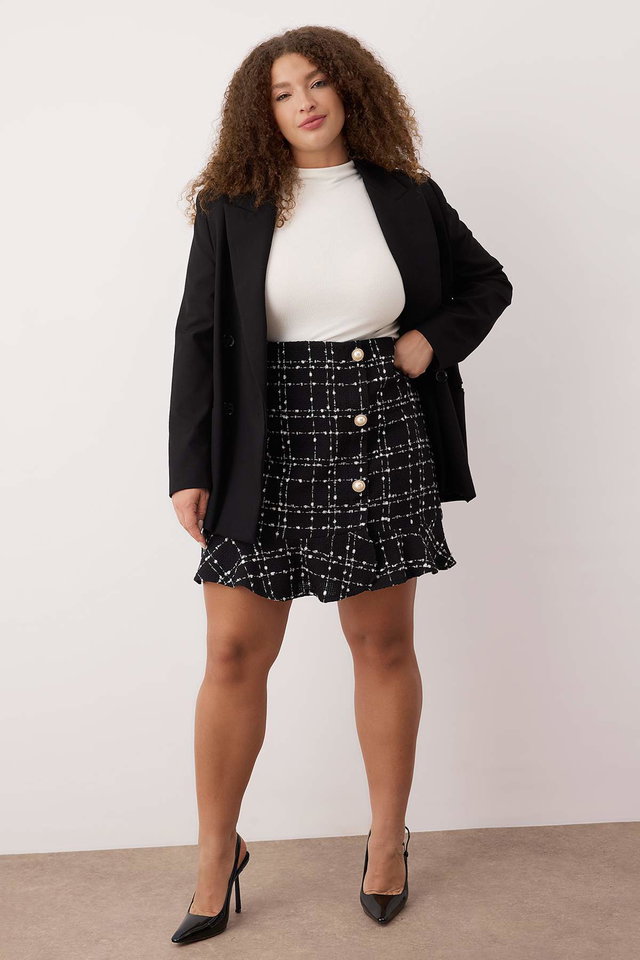 Black - Black Tweed Plaid/Checkered Mini Woven Plus Size Skirt Tbbaw26Az00039