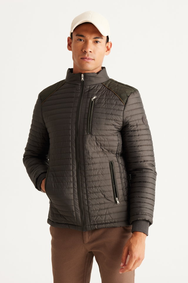 Khaki - Men's Beige Standard Fit Normal Cut High Neck Shoulder Detailed Winter Coat